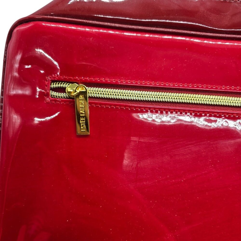 Estee Lauder Sleek Red Patent Leather Cosmetic Travel Bag W/ Gold Zipper Accents - Picture 8 of 12